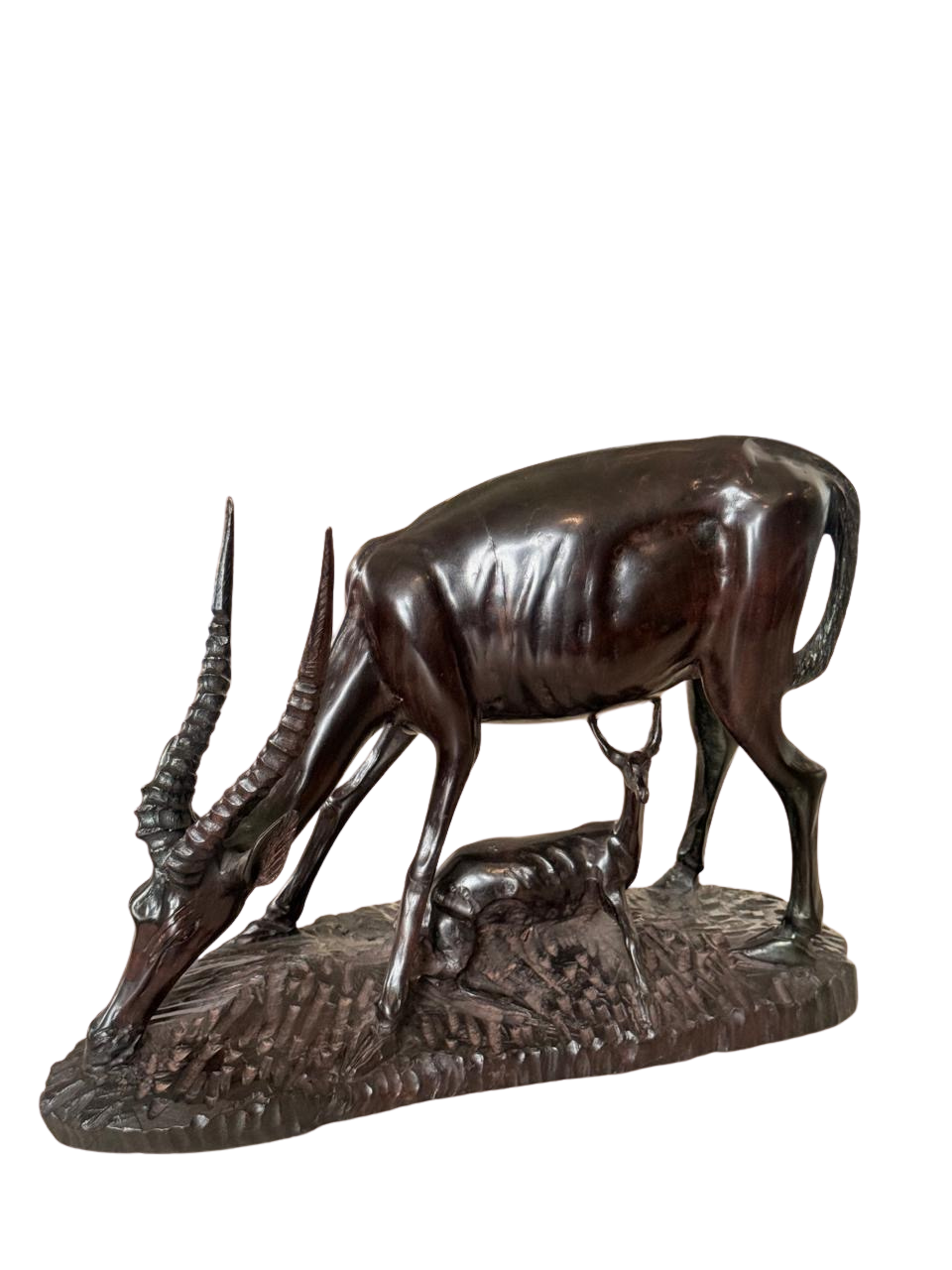 Medium Large Hand-Carved Wooden Mother & Calf Antelope Sculpture | African Gazelle Figurine