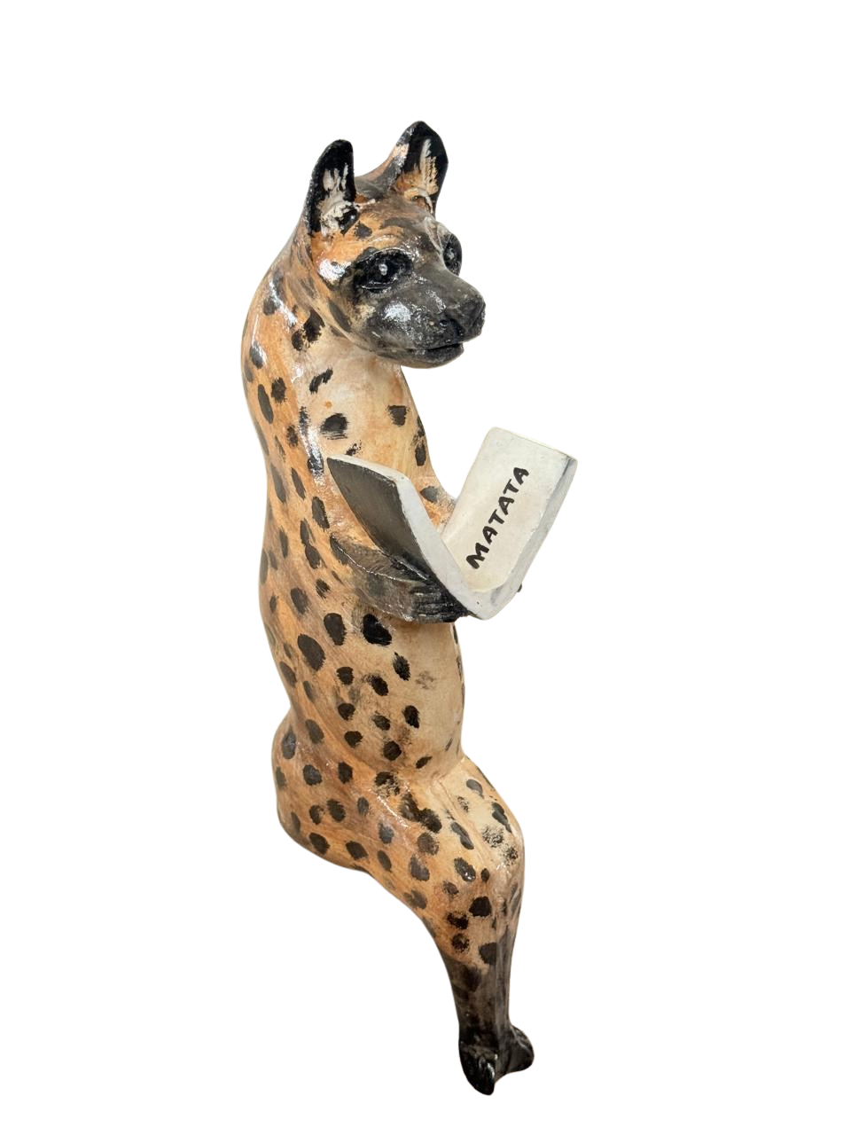 Hand-Carved Wooden Hyena Shelf Sitter Figurine | Reading "HAKUNA MATATA" Book Wildlife Decor