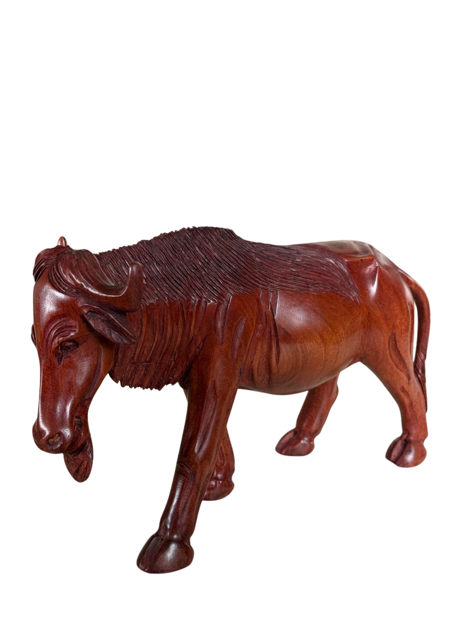 Hand-Carved Wooden Wildebeest Figurine | African Gnu Safari Sculpture