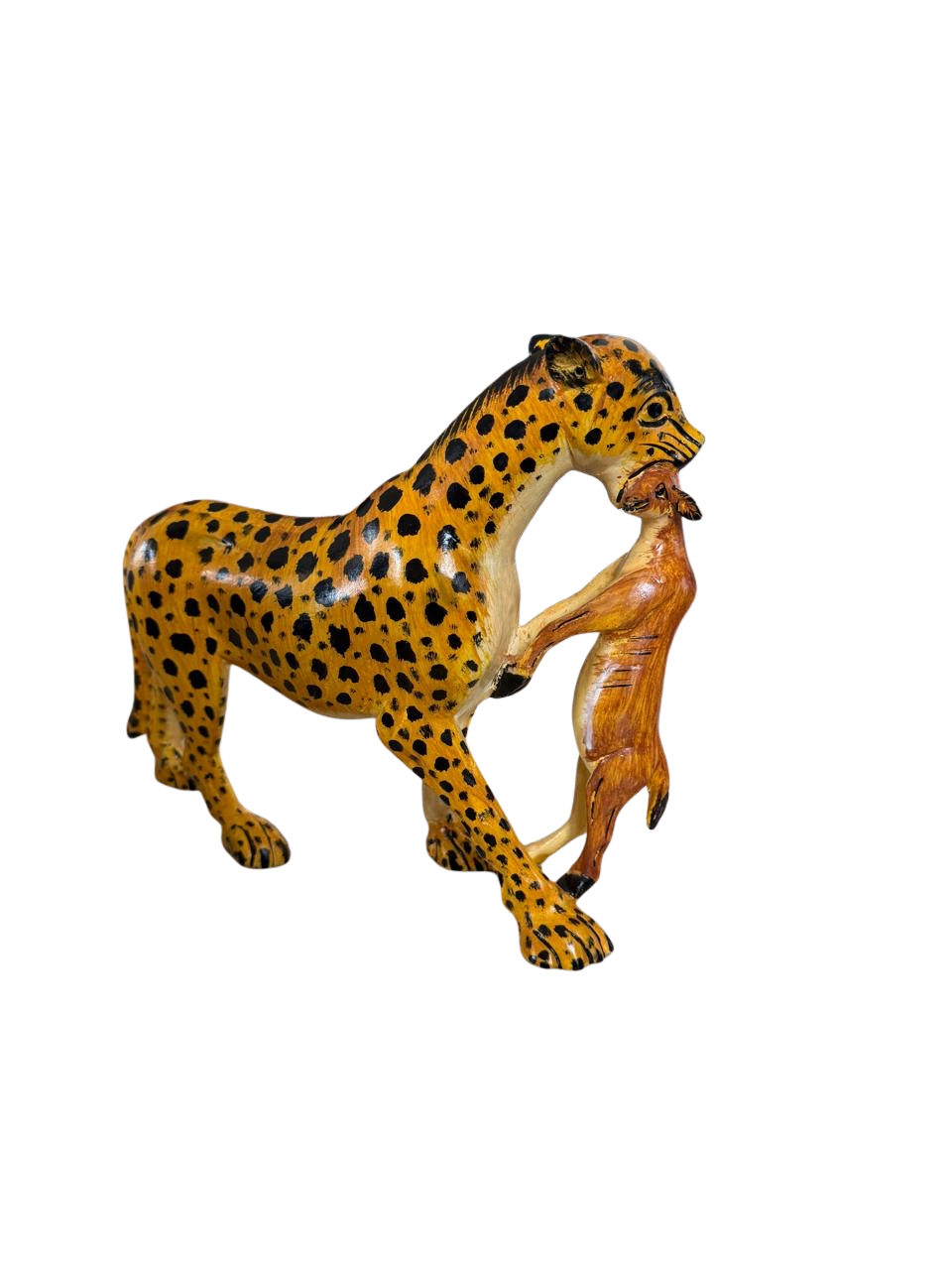 Large Hand-Carved Wooden Cheetah with Prey Sculpture | African Safari Wildlife Figurine