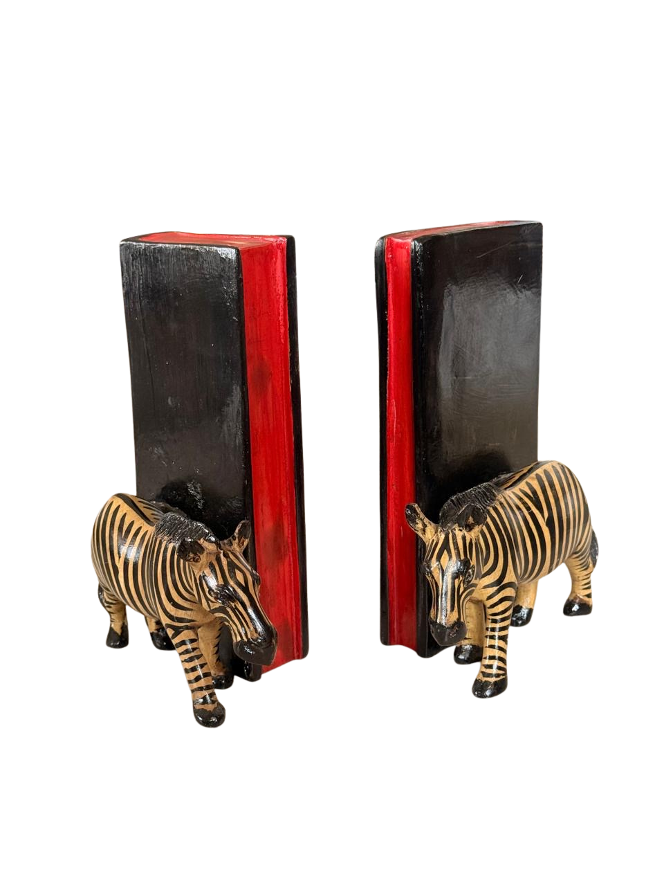 Medium Hand-Carved Wooden Zebra Bookends | African Safari Book Holders Pair