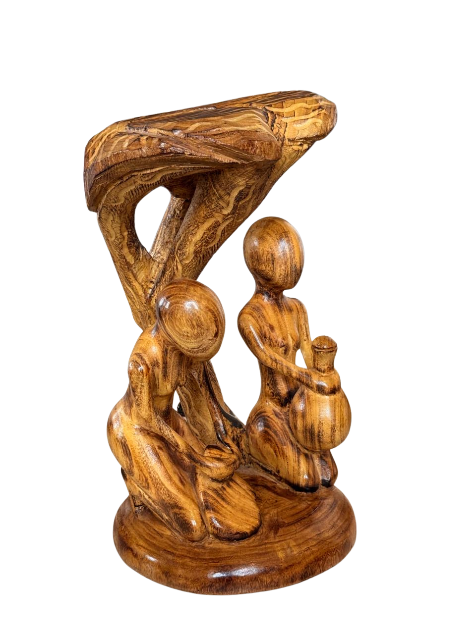Hand-Carved Wooden Figures Under Tree Sculpture | African Village Life Craft