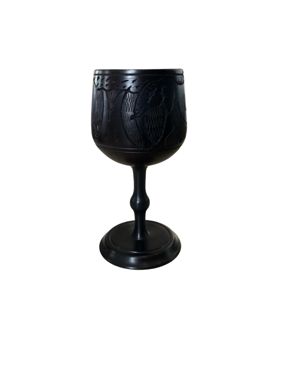Hand-Carved African Wooden Goblet | Ebony Finish Carved Wildlife Chalice