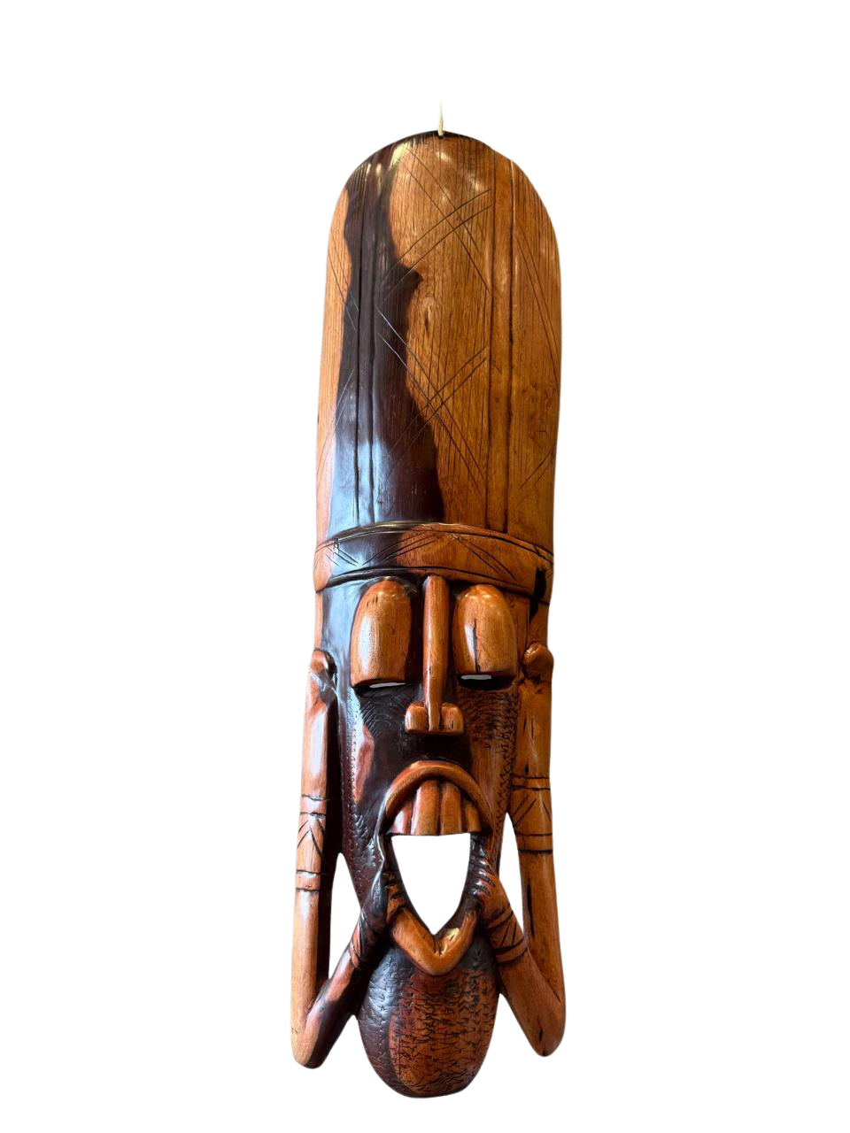 Hand-Carved Elongated Wooden African Mask | Dual-Tone Tribal Wall Hanging Sculpture