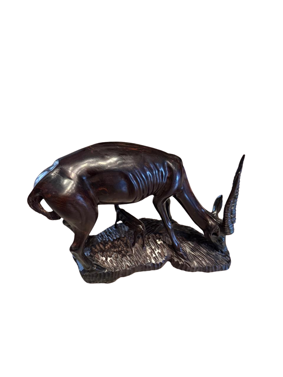 Hand-Carved Wooden Grazing Antelope Sculpture | Ebony Finish African Gazelle Figurine