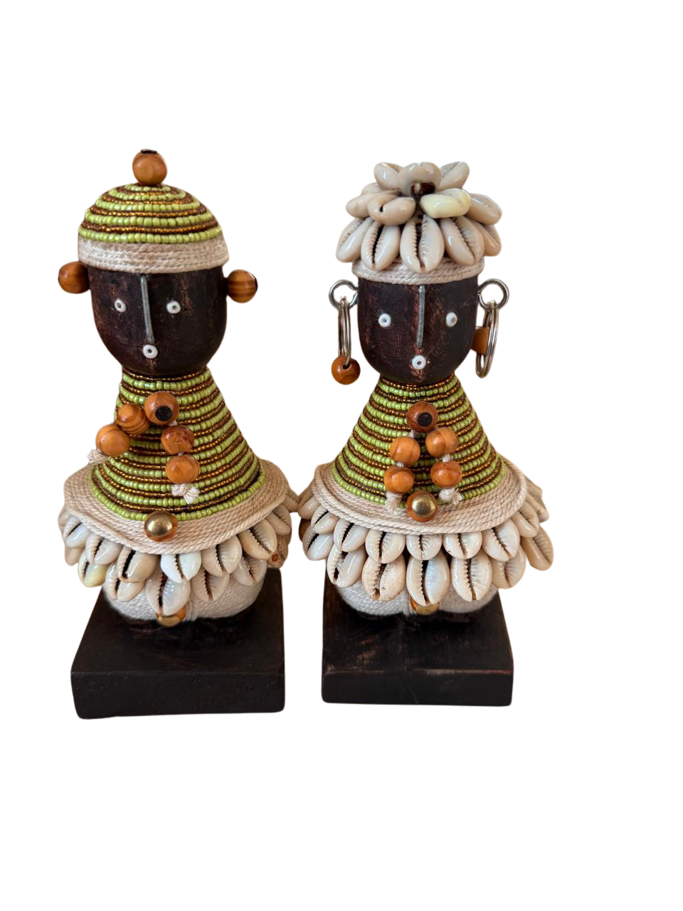 Hand-Beaded Cowrie Shell African Couple Figurines | Pupe doll Statue Pair