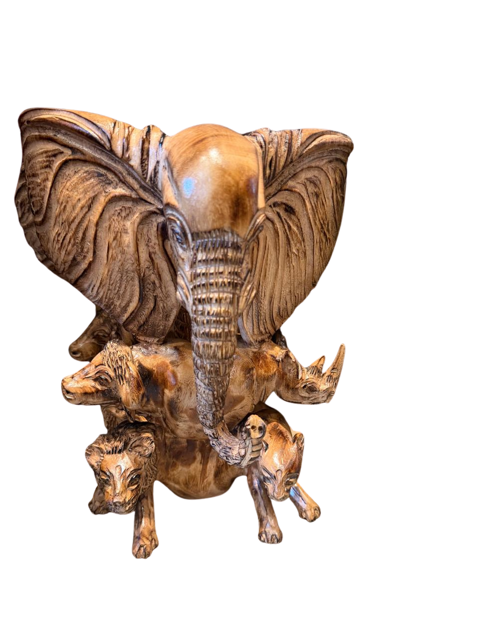 Hand-Carved Wooden Big Five Totem Sculpture | African Wildlife Composition