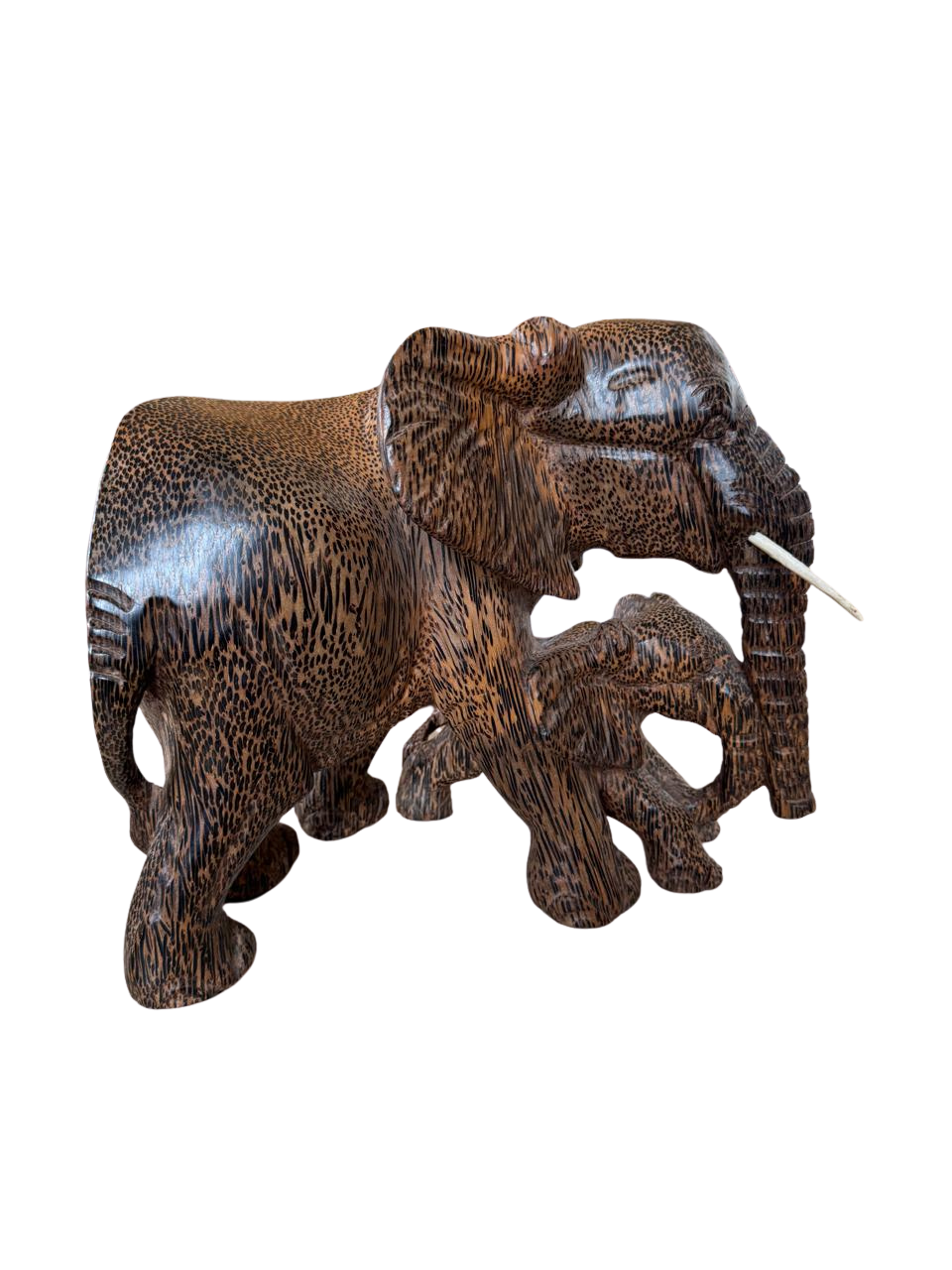 Large Hand-Carved Palm Wood Elephant & Calf Sculpture | Speckled Wood Family Figurine