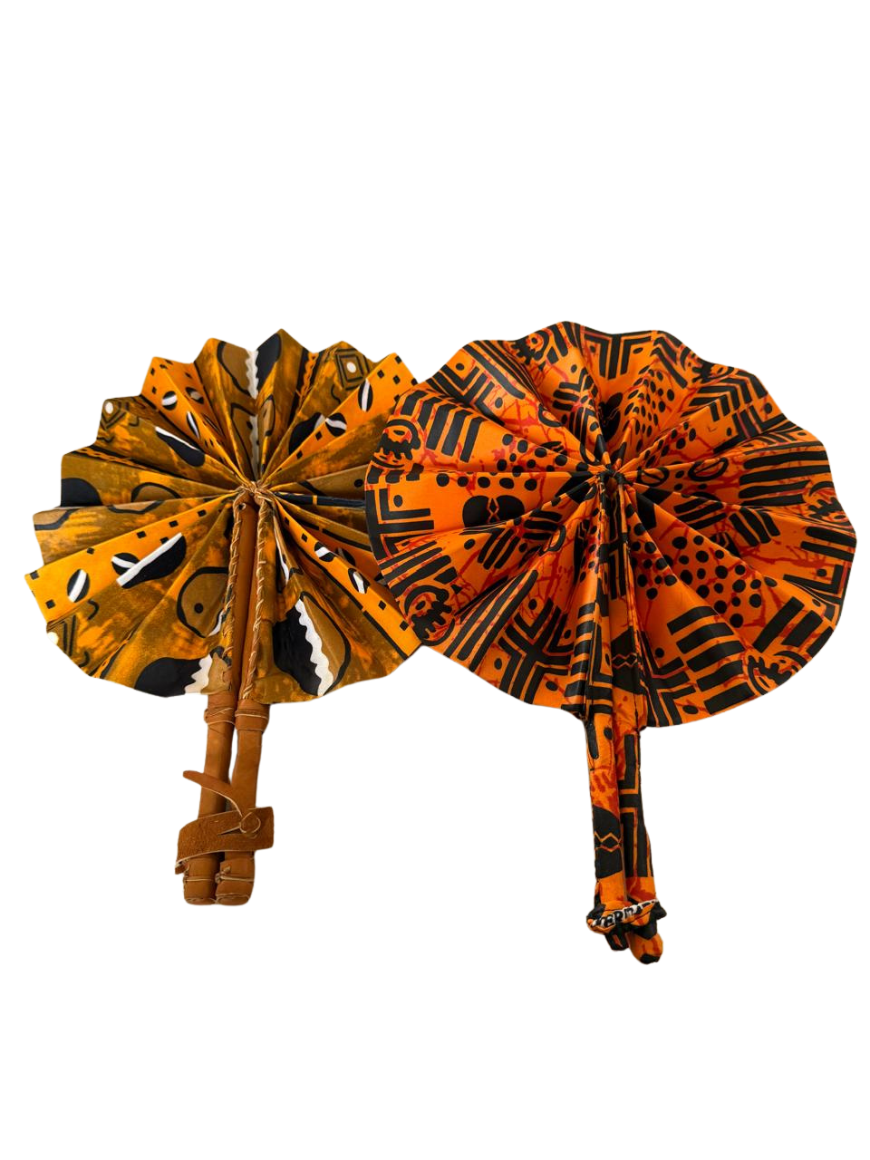 Hand-Crafted African Ankara Wax Print Folding Fan | Leather Handle Circular Hand Fan