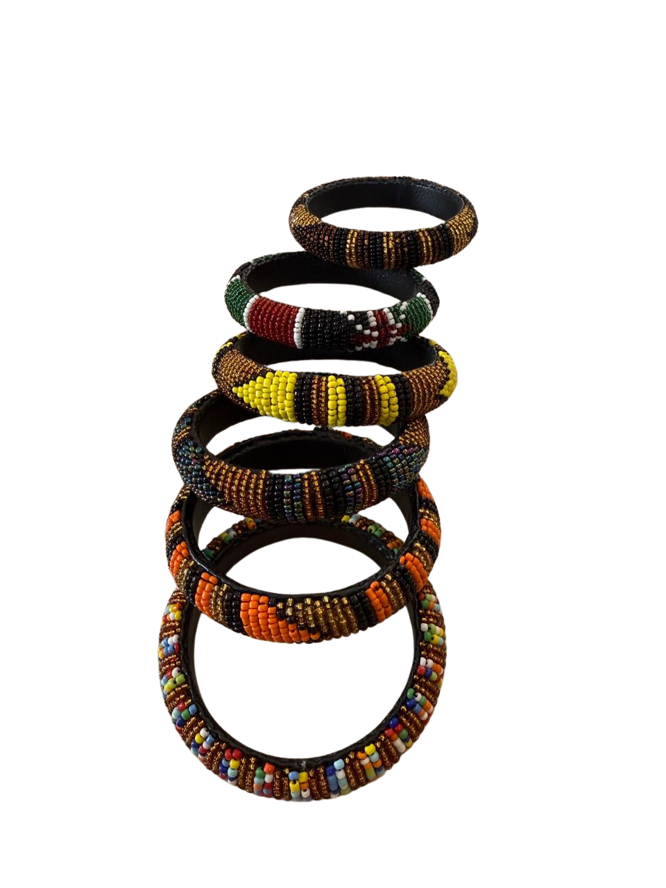 Hand-Beaded African Leather Bangle Set | Maasai Beaded Circular Bracelets