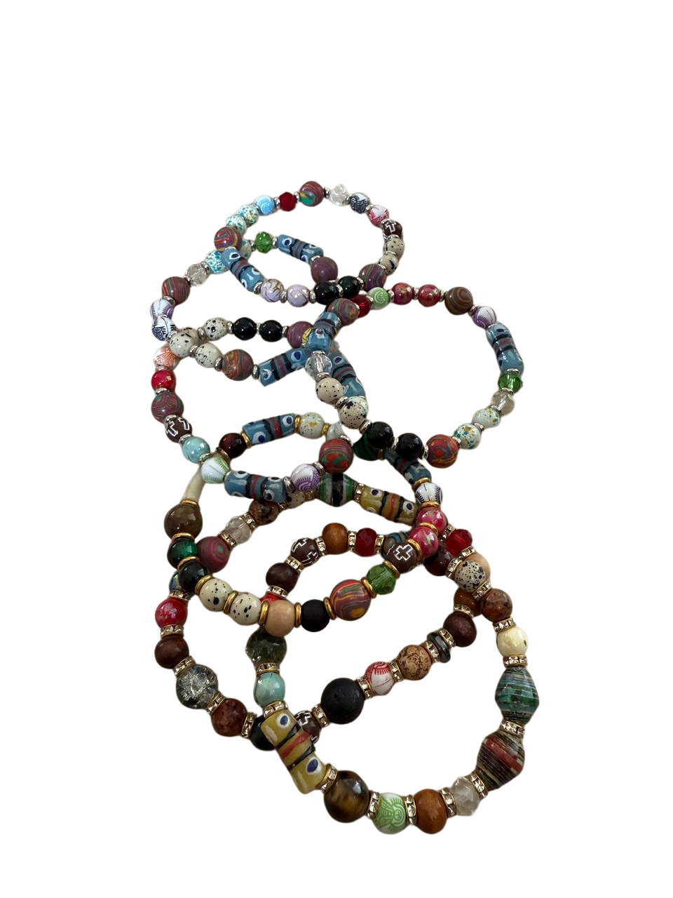 Hand-Crafted African Glass Trade Bead Stretch Bracelets | Eclectic Stackable Beaded Bracelet Set