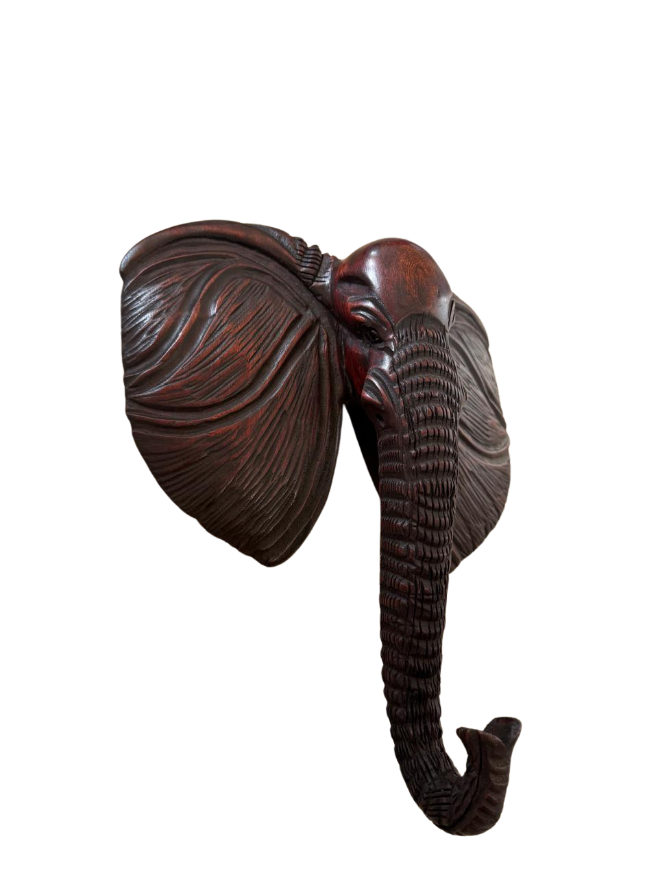 Medium Hand-Carved Wooden Elephant Head Wall Sculpture | Mahogany Finish African Wildlife Bust