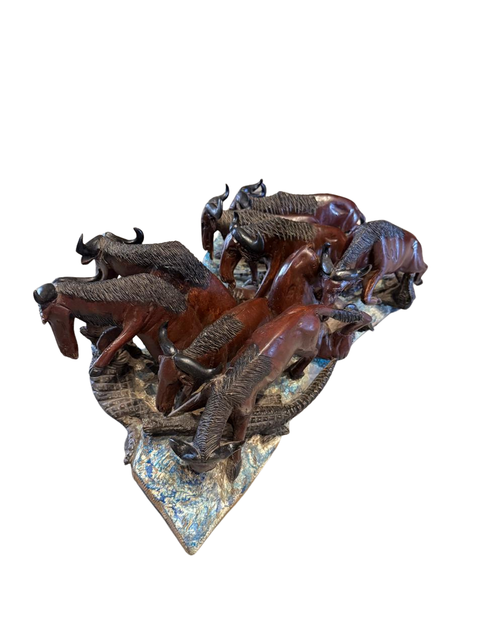 Hand-Carved Wooden Wildebeest Migration Sculpture | Great River Crossing Diorama