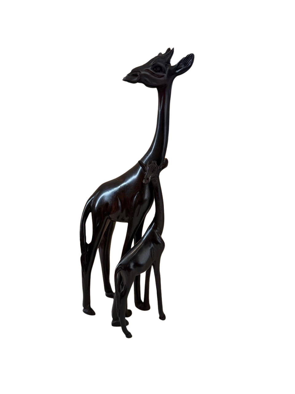 Hand-Carved Wooden Giraffe & Calf Sculpture | Ebony Finish African Family Statue