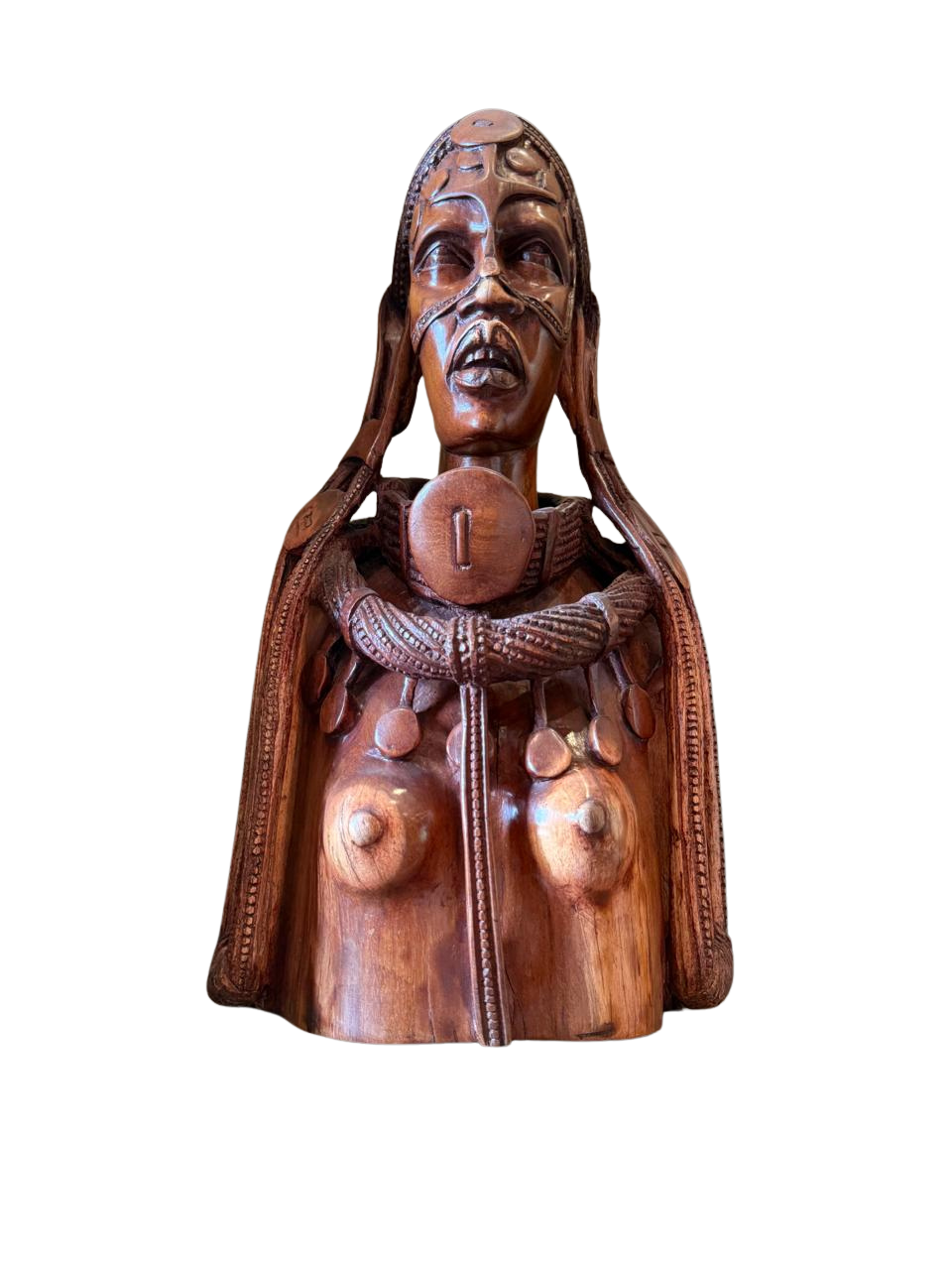 Hand-Carved Wooden African Tribal Woman Bust | Ceremonial Maasai Female Portrait Sculpture