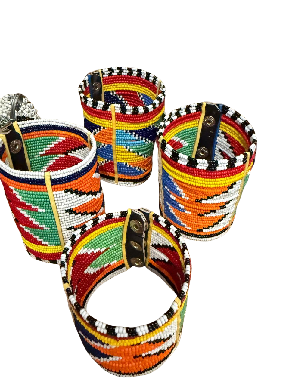 Hand-Beaded Maasai Leather Cuff Bracelet | Broad Geometric Beadwork Wristband with Snap Closure