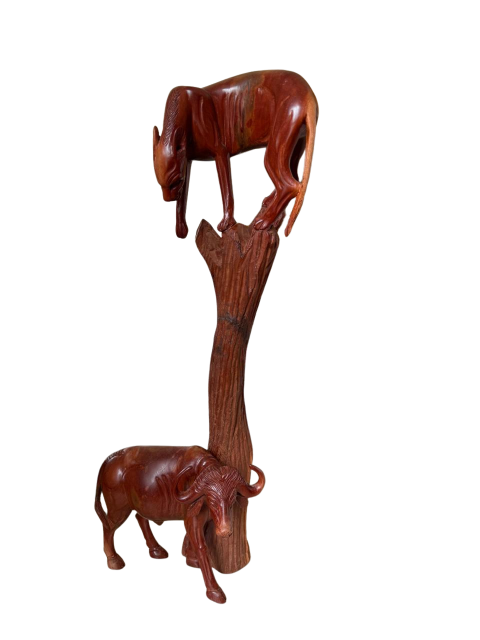 Hand-Carved Wooden Leopard & Buffalo Tree Sculpture | Mahogany Finish African Wildlife Scene