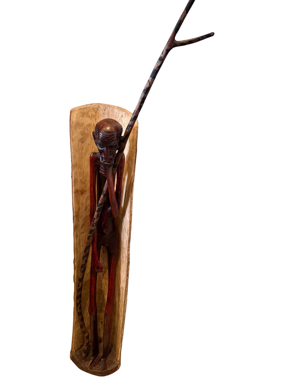 Hand-Carved Wooden African Elder with Staff Sculpture | Dual-Tone Hollow Log Relief Carving